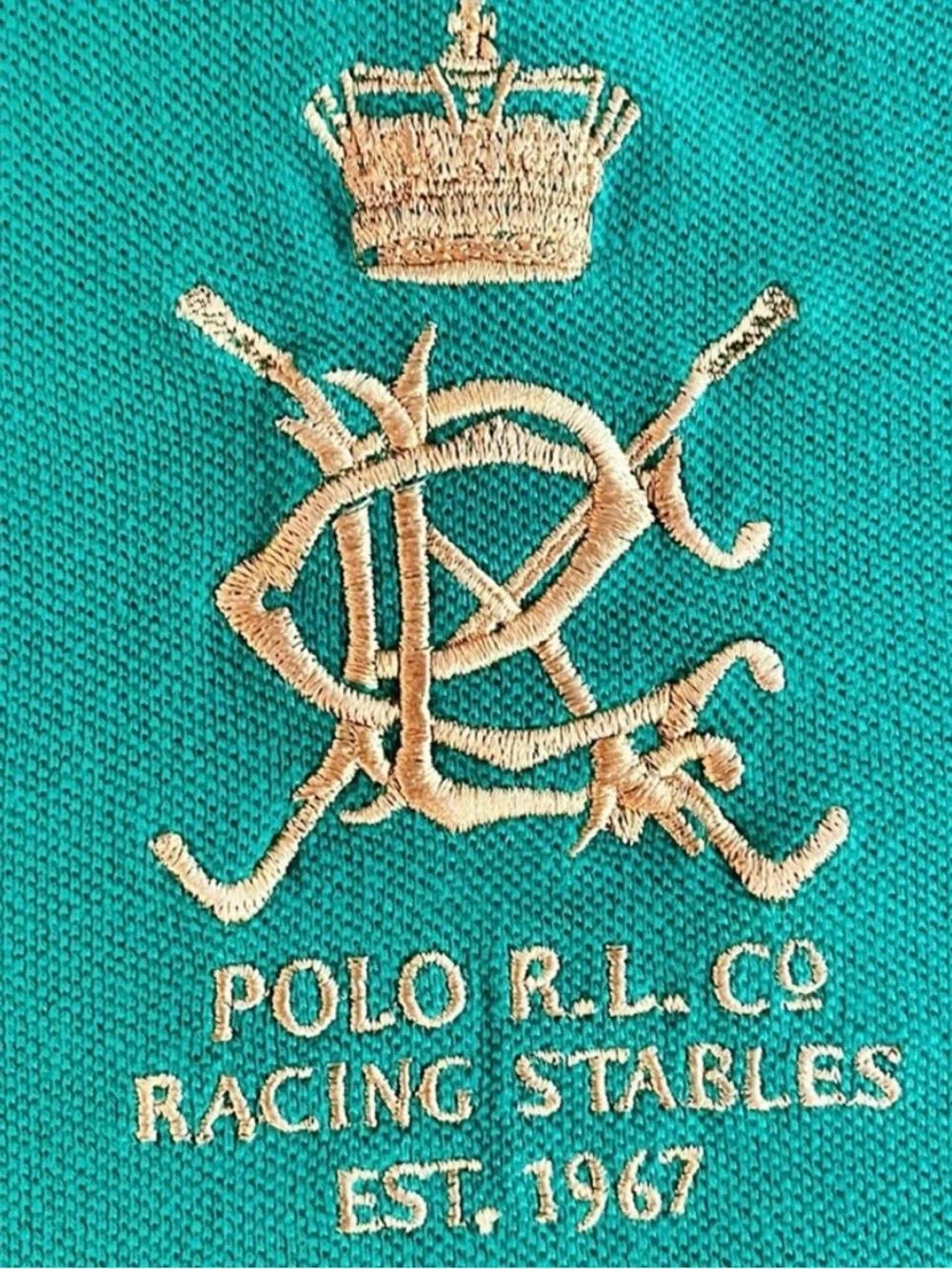 Polo Ralph Lauren Boys Polo Shirt Green/Navy Racing Stables Crest - Size L